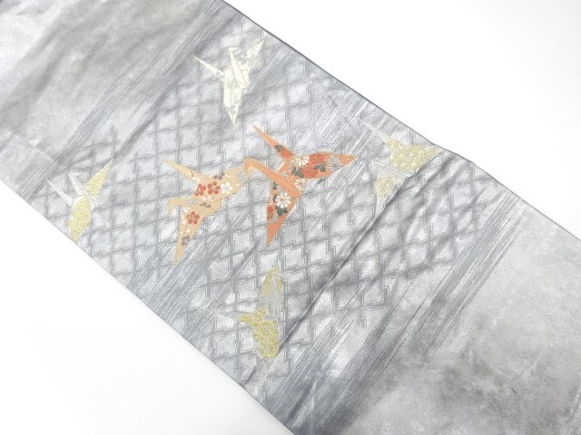 引箔　折り鶴に花模様織り出し　名古屋帯